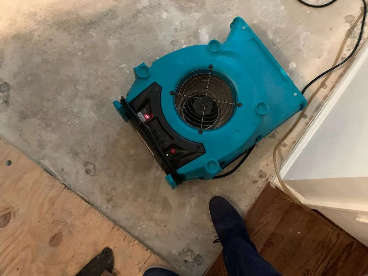 Air mover drying subfloor during Commercial Water Damage Restoration in Sturtevant